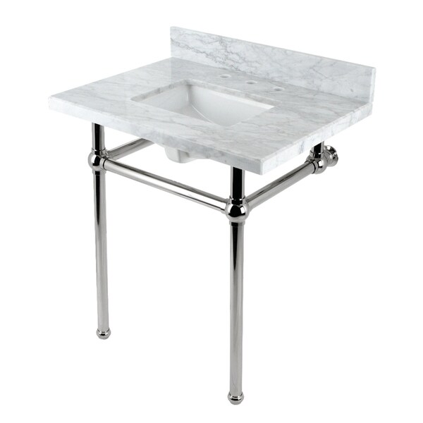 Kingston Brass 30 Console Sink with Brass Legs 8Inch, 3 Hole, Marble WhitePolished Nickel KVBH3022M8SQ6 - main